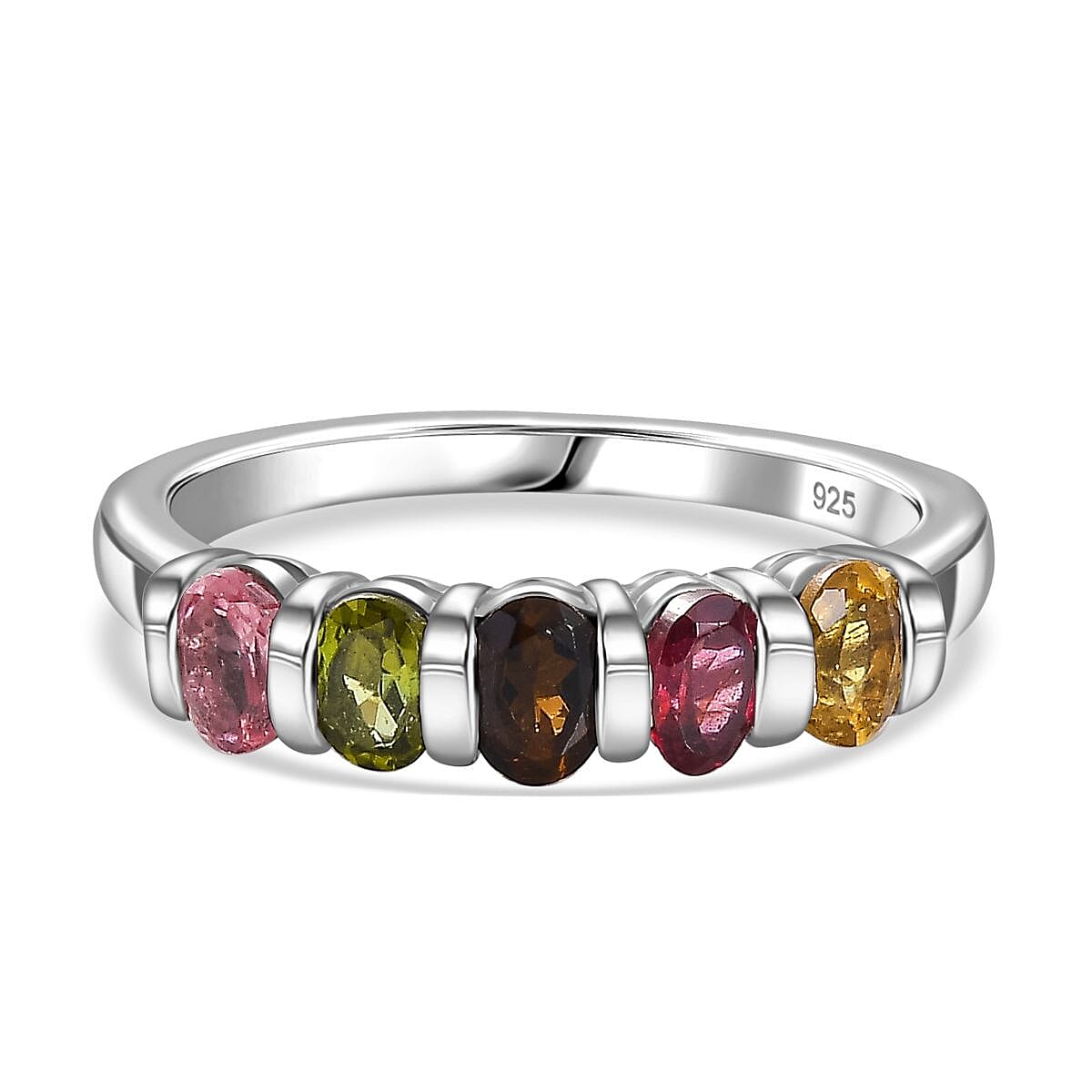 Multi-Tourmaline 5 Stone Ring in Platinum Overlay Sterling Silver