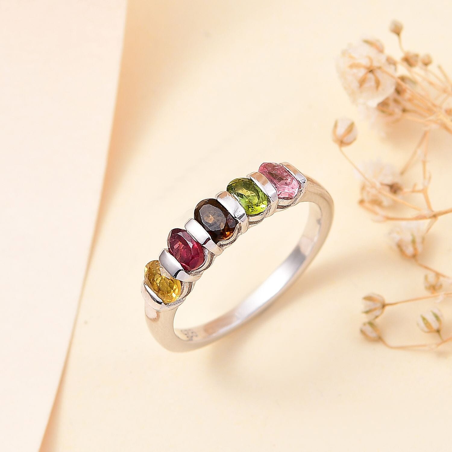 Multi-Tourmaline 5 Stone Ring in Platinum Overlay Sterling Silver