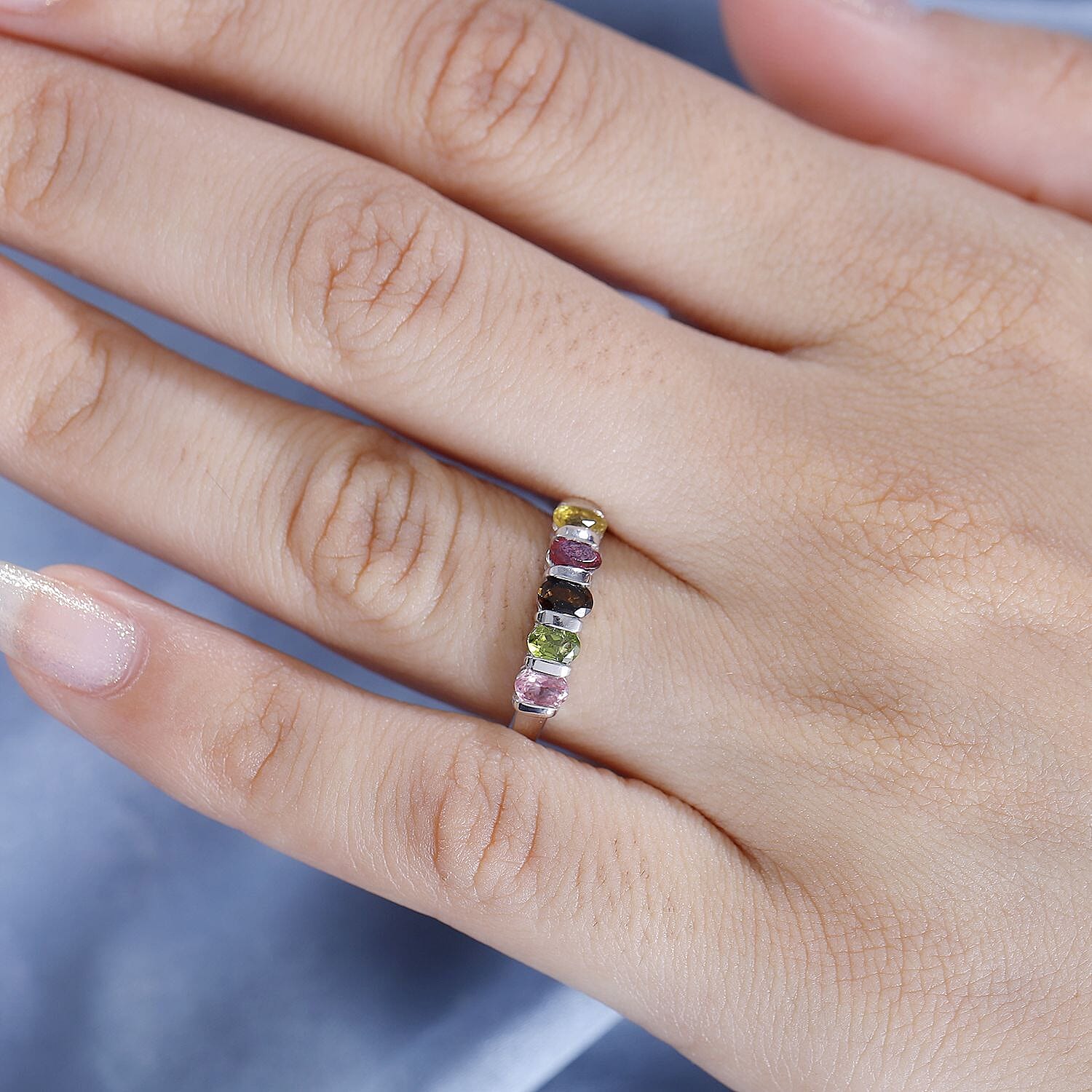 Multi-Tourmaline 5 Stone Ring in Platinum Overlay Sterling Silver