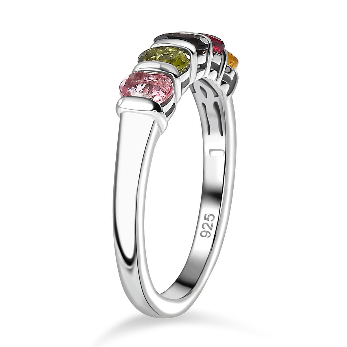 Multi-Tourmaline 5 Stone Ring in Platinum Overlay Sterling Silver