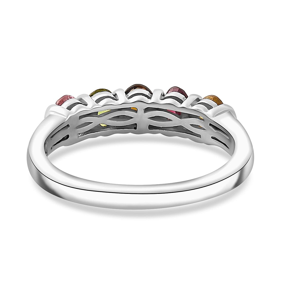 Multi-Tourmaline 5 Stone Ring in Platinum Overlay Sterling Silver
