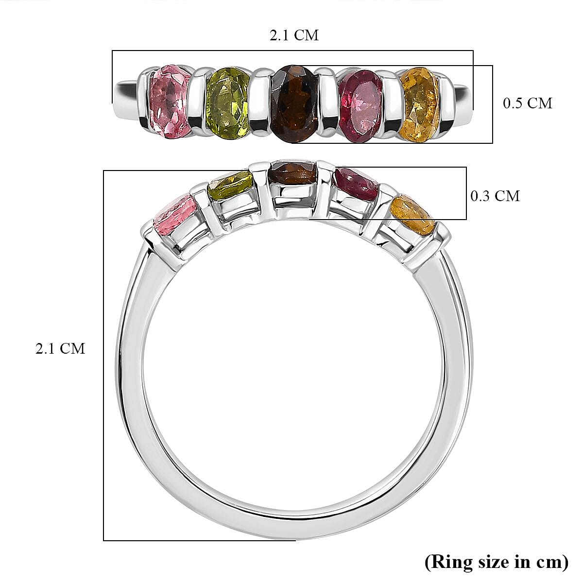 Multi-Tourmaline 5 Stone Ring in Platinum Overlay Sterling Silver