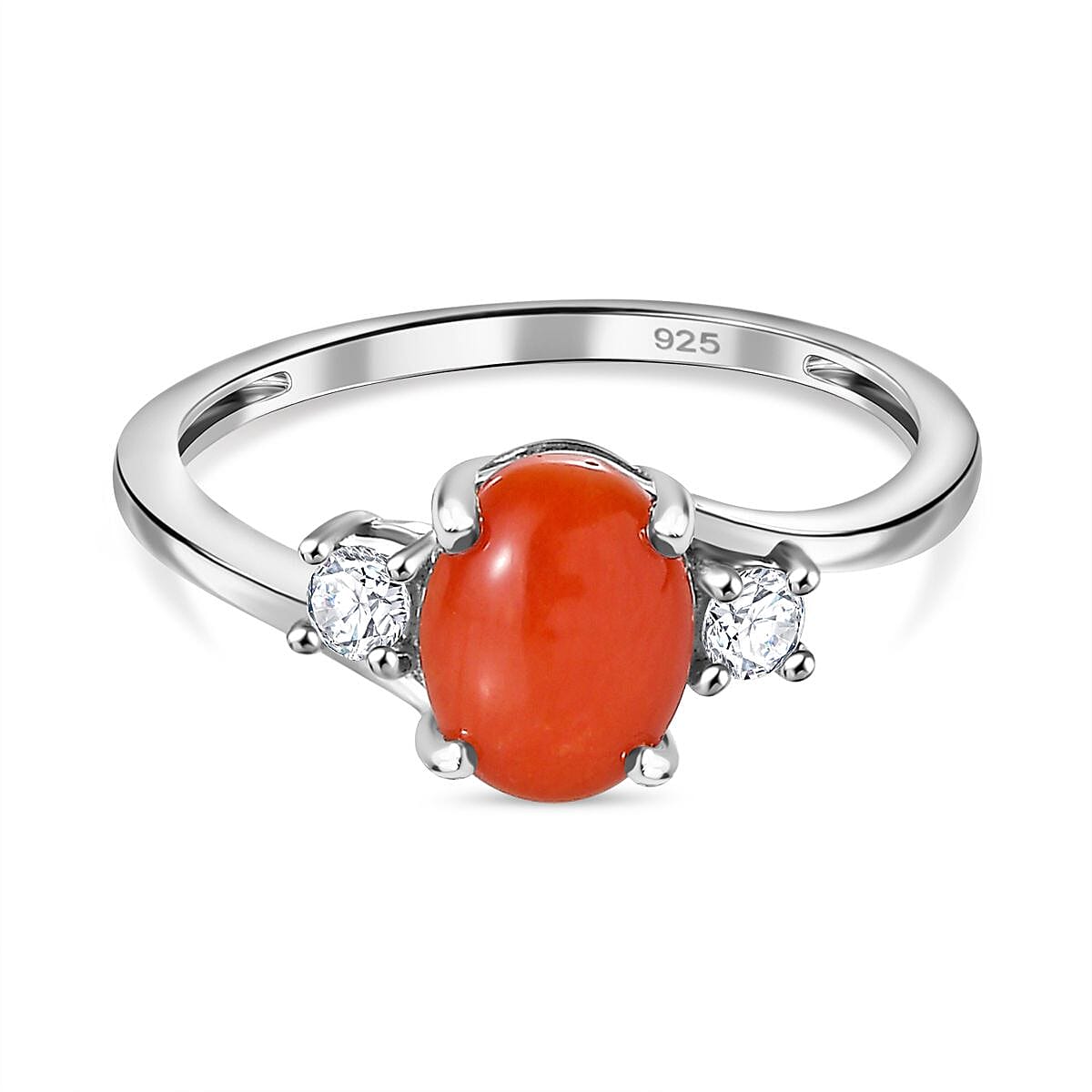 Coral ,  White Zircon  Main Stone With Side Stone Ring in Platinum Overlay Sterling Silver 1.10 ct  1.183  Ct.