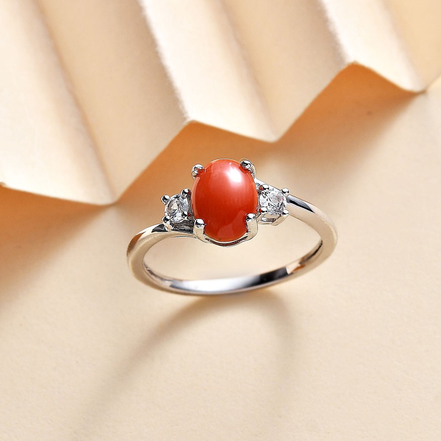 Coral ,  White Zircon  Main Stone With Side Stone Ring in Platinum Overlay Sterling Silver 1.10 ct  1.183  Ct.