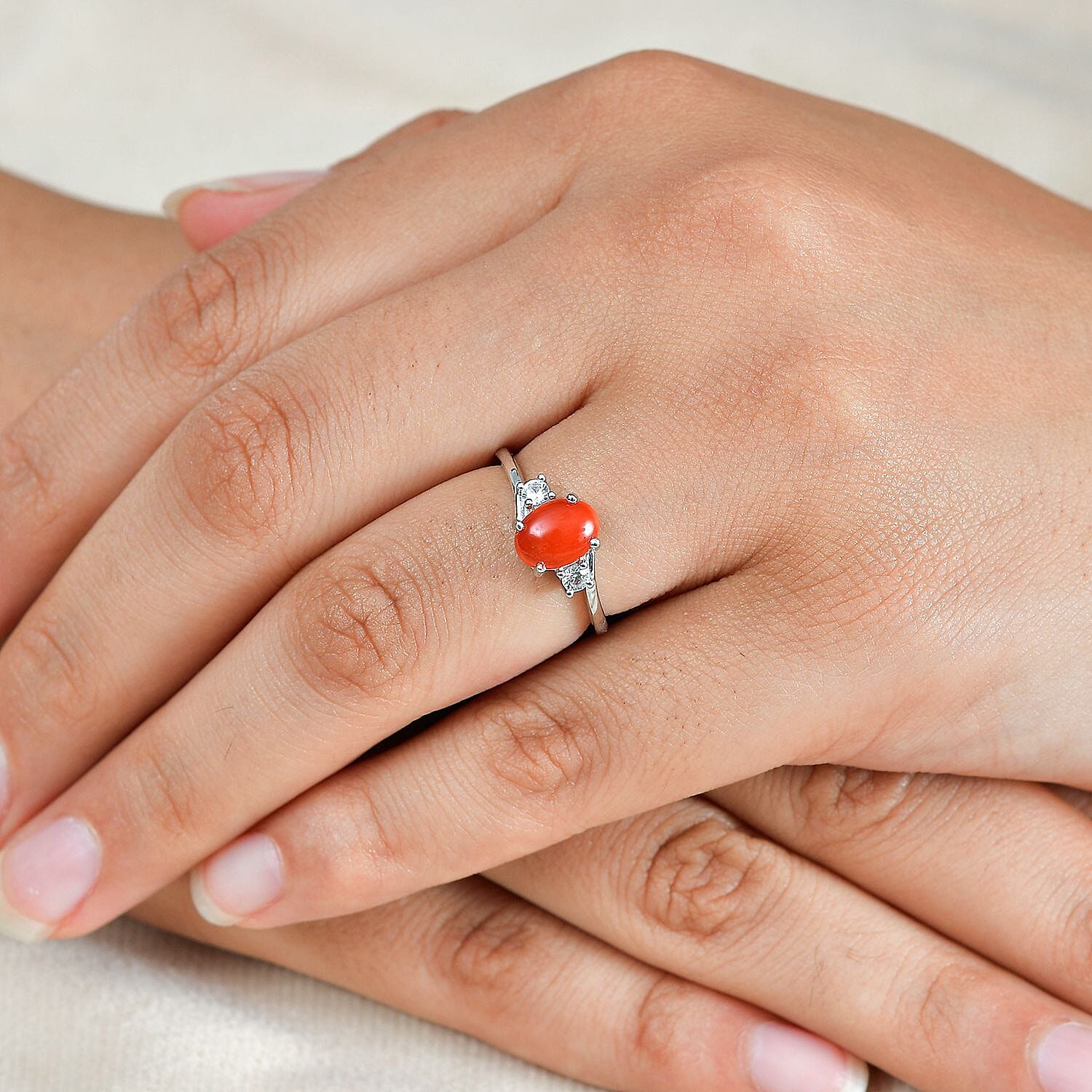 Coral ,  White Zircon  Main Stone With Side Stone Ring in Platinum Overlay Sterling Silver 1.10 ct  1.183  Ct.