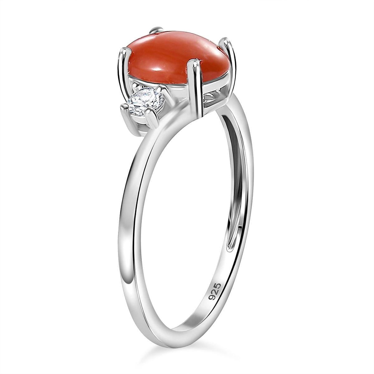 Coral ,  White Zircon  Main Stone With Side Stone Ring in Platinum Overlay Sterling Silver 1.10 ct  1.183  Ct.