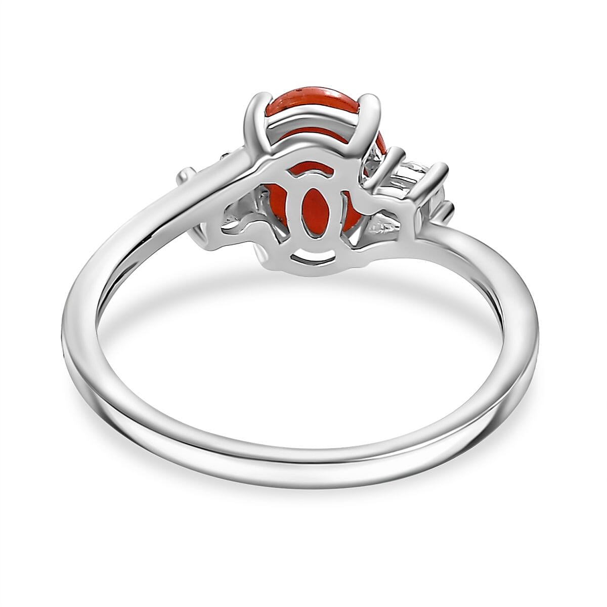 Coral ,  White Zircon  Main Stone With Side Stone Ring in Platinum Overlay Sterling Silver 1.10 ct  1.183  Ct.