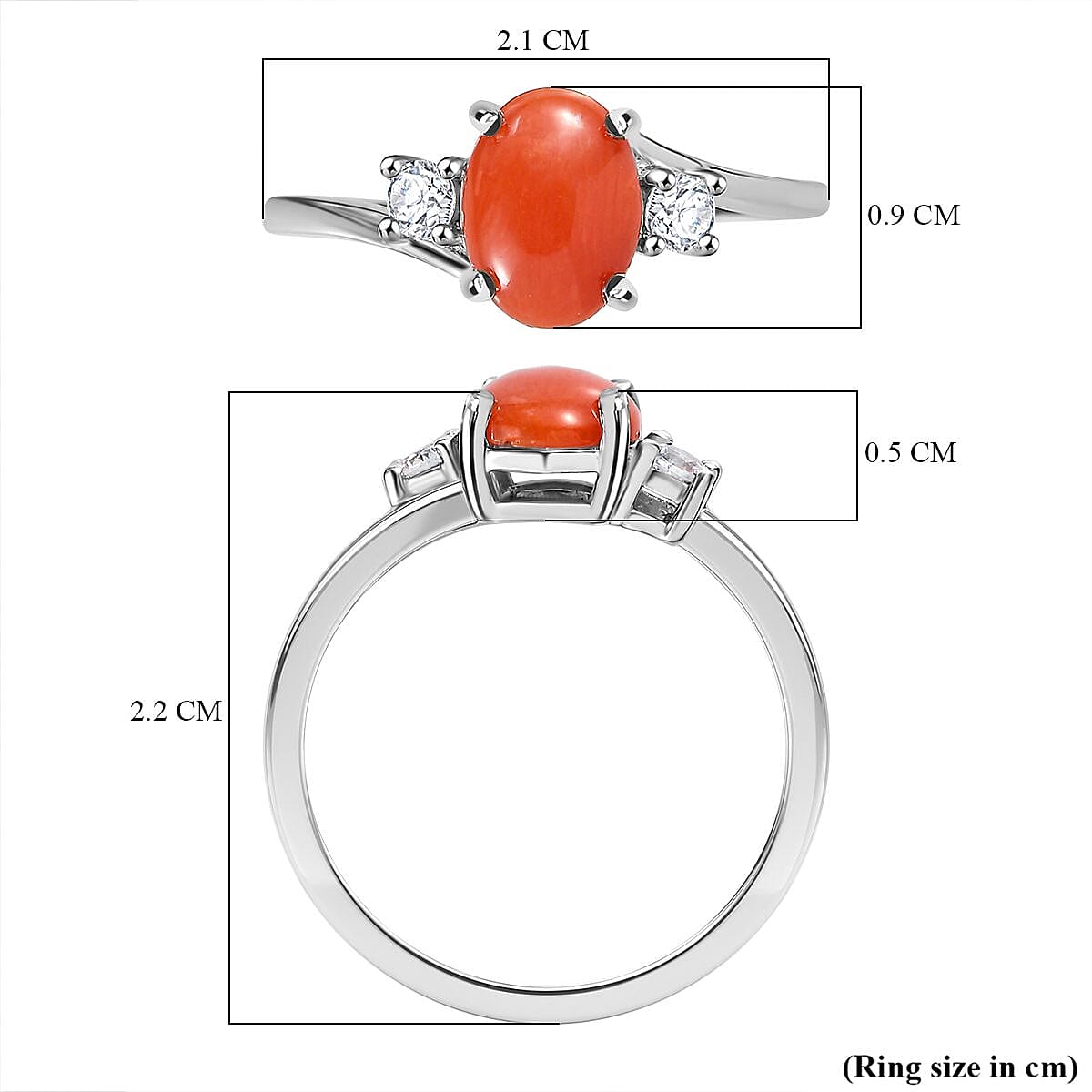 Coral ,  White Zircon  Main Stone With Side Stone Ring in Platinum Overlay Sterling Silver 1.10 ct  1.183  Ct.