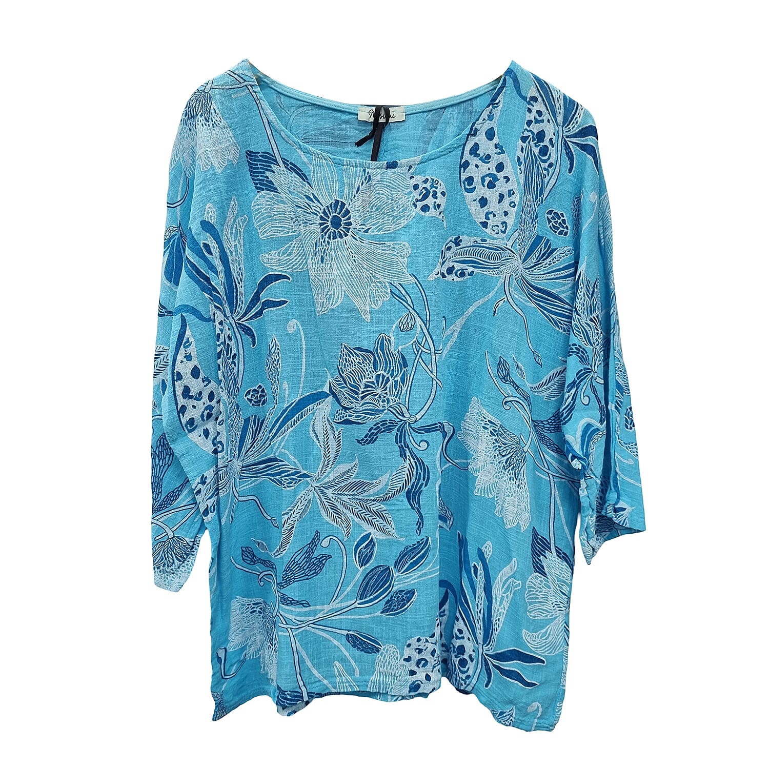 Misumi Italian Closeout - Nova of London 100 % Cotton Botanical Flower Top  (One Size) with Necklace (Size 32) - Light Blue