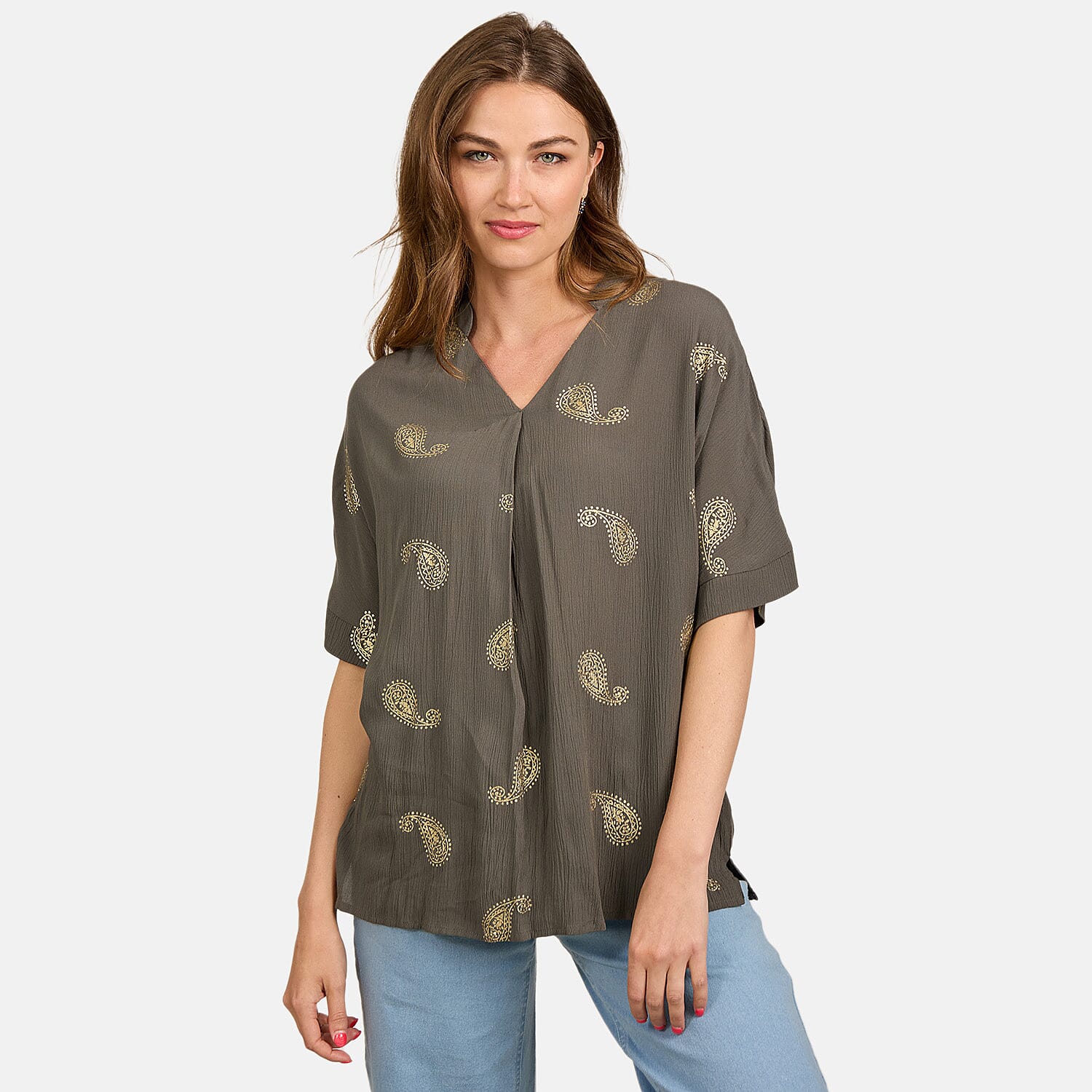 Maison Printed Crinkle Blouse (Size L) - Khaki