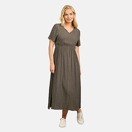 Maison Printed Short Sleeve Crinkle Dress (Size L) - Khaki