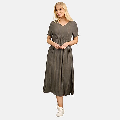 Maison Printed Short Sleeve Crinkle Dress (Size L) - Khaki