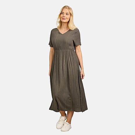 Maison Printed Short Sleeve Crinkle Dress (Size L) - Khaki