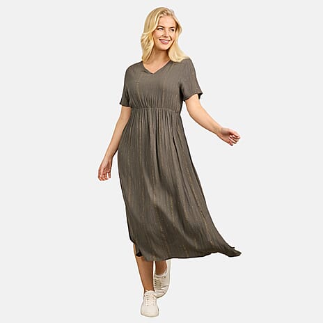 Maison Printed Short Sleeve Crinkle Dress (Size M) - Khaki