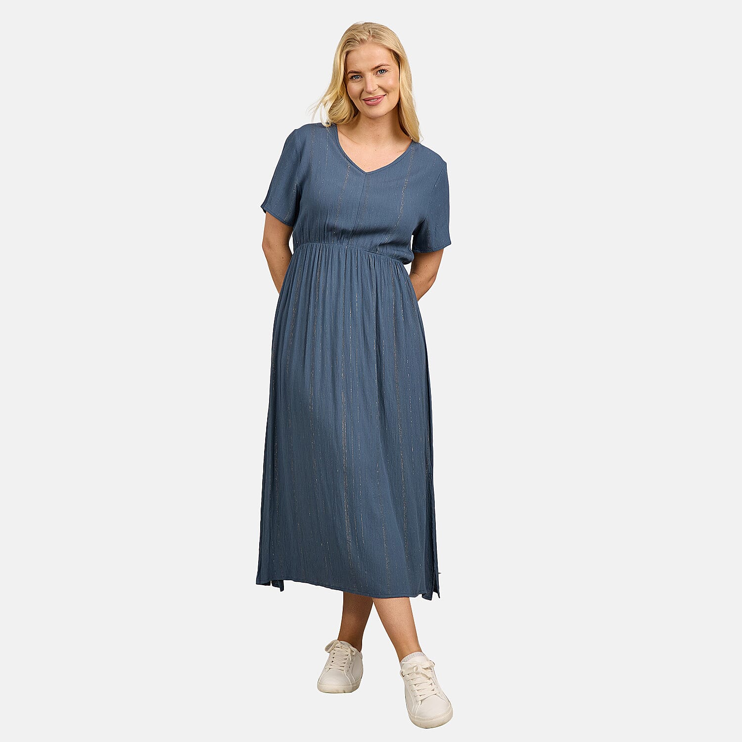 Maison-Printed-Short-Sleeve-Crinkle-Dress-Size-M-Teal