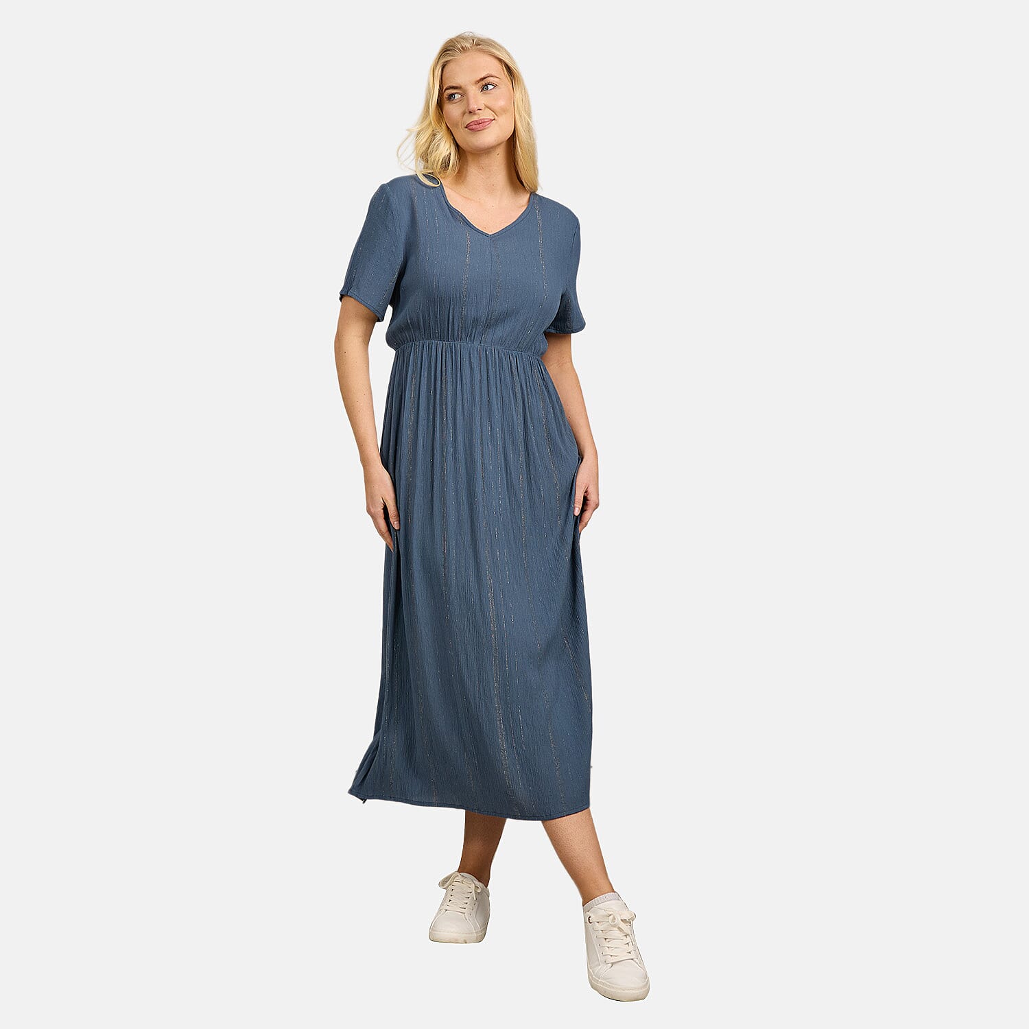 Maison-Printed-Short-Sleeve-Crinkle-Dress-Size-M-Teal