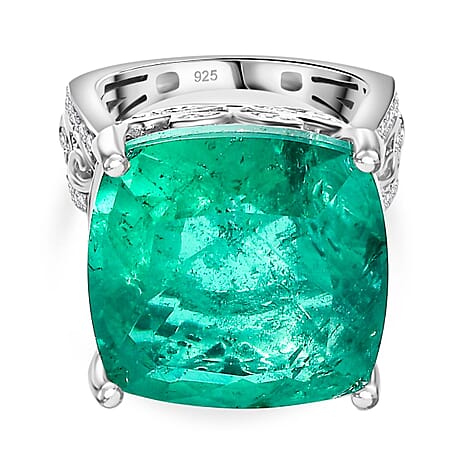 Emeraldine Quartz & Natural Zircon Ring in Rhodium Overlay Sterling Silver 25.76 Ct.
