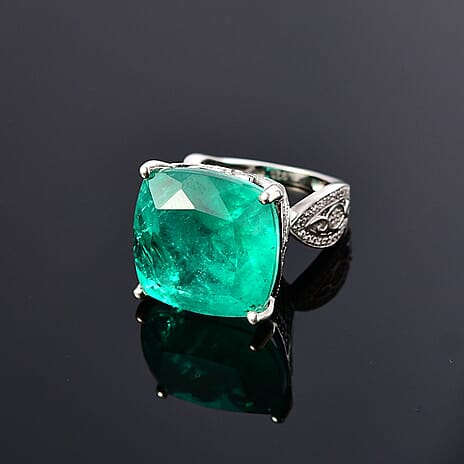 Emeraldine Quartz & Natural Zircon Ring in Rhodium Overlay Sterling Silver 25.76 Ct.