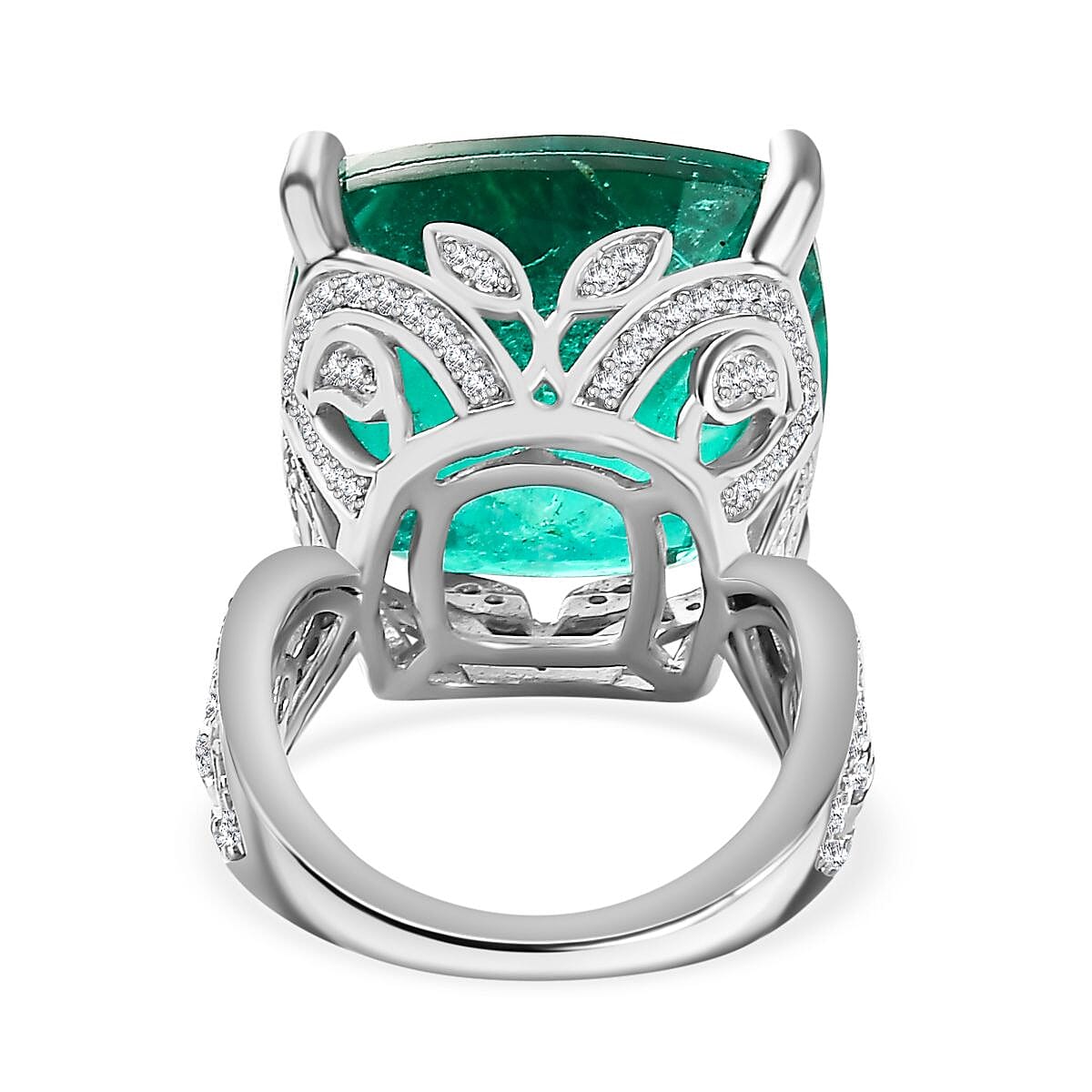 Emeraldine Quartz & Natural Zircon Ring in Rhodium Overlay Sterling Silver 25.76 Ct. Emeraldine Quartz & Natural Zircon Ring in Rhodium Overlay Sterling Silver 25.76 Ct.