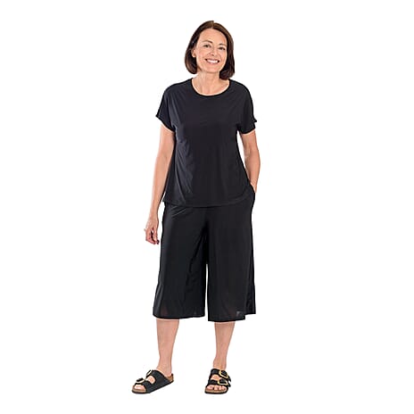 Firenzaa 2 Piece Set with Stretchable Jersey top and Long Shorts(Size S) - Black