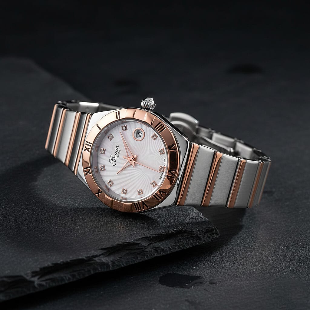 Designer Inspired - GENOA TIME V2 Japanese Movt. Crystal Studded White Dial Watch with Stainless Steel Chain Strap in Dual Tone