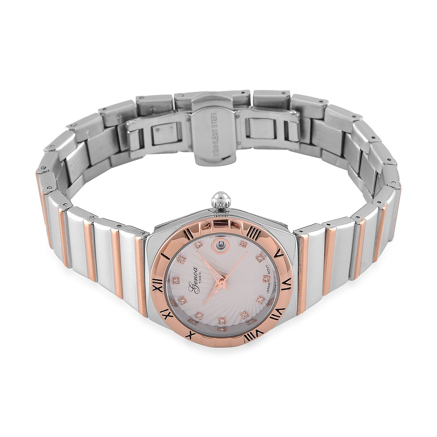 Designer Inspired - GENOA TIME V2 Japanese Movt. Crystal Studded White Dial Watch with Stainless Steel Chain Strap in Dual Tone
