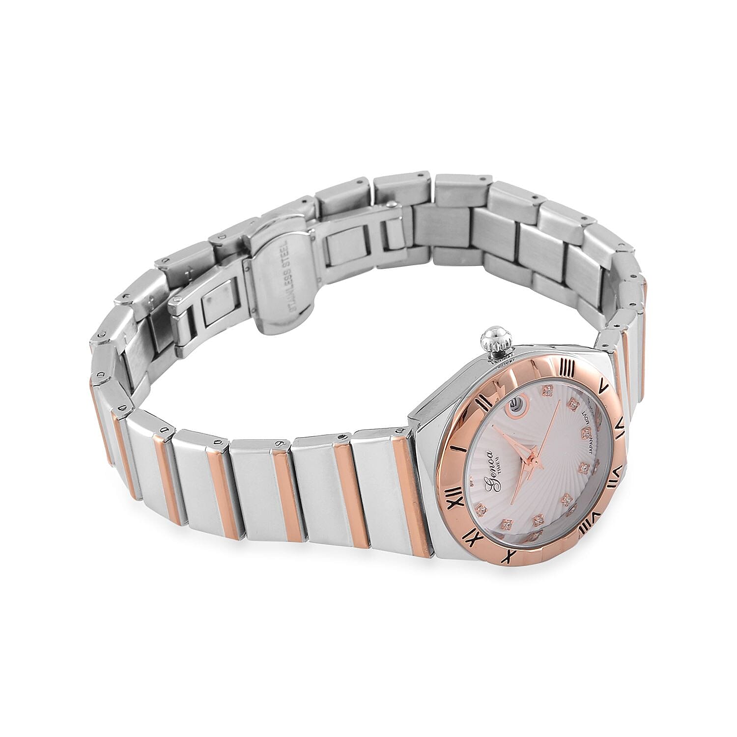 Designer Inspired - GENOA TIME V2 Japanese Movt. Crystal Studded White Dial Watch with Stainless Steel Chain Strap in Dual Tone