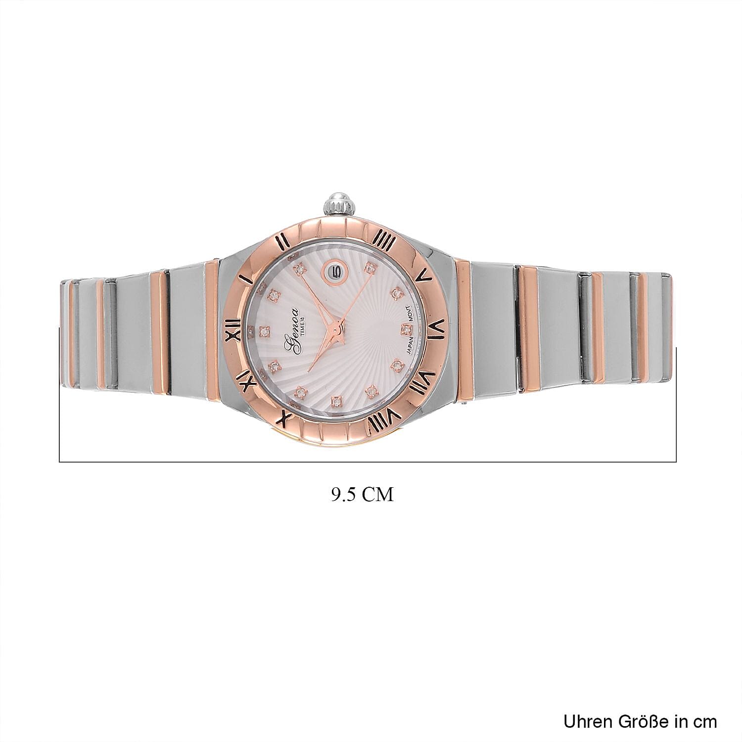 Designer Inspired - GENOA TIME V2 Japanese Movt. Crystal Studded White Dial Watch with Stainless Steel Chain Strap in Dual Tone