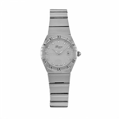 Designer Inspired- GENOA TIME V2 Japanese Movt. Crystal Studded White Dial Watch with Stainless Steel Chain Strap - Silver