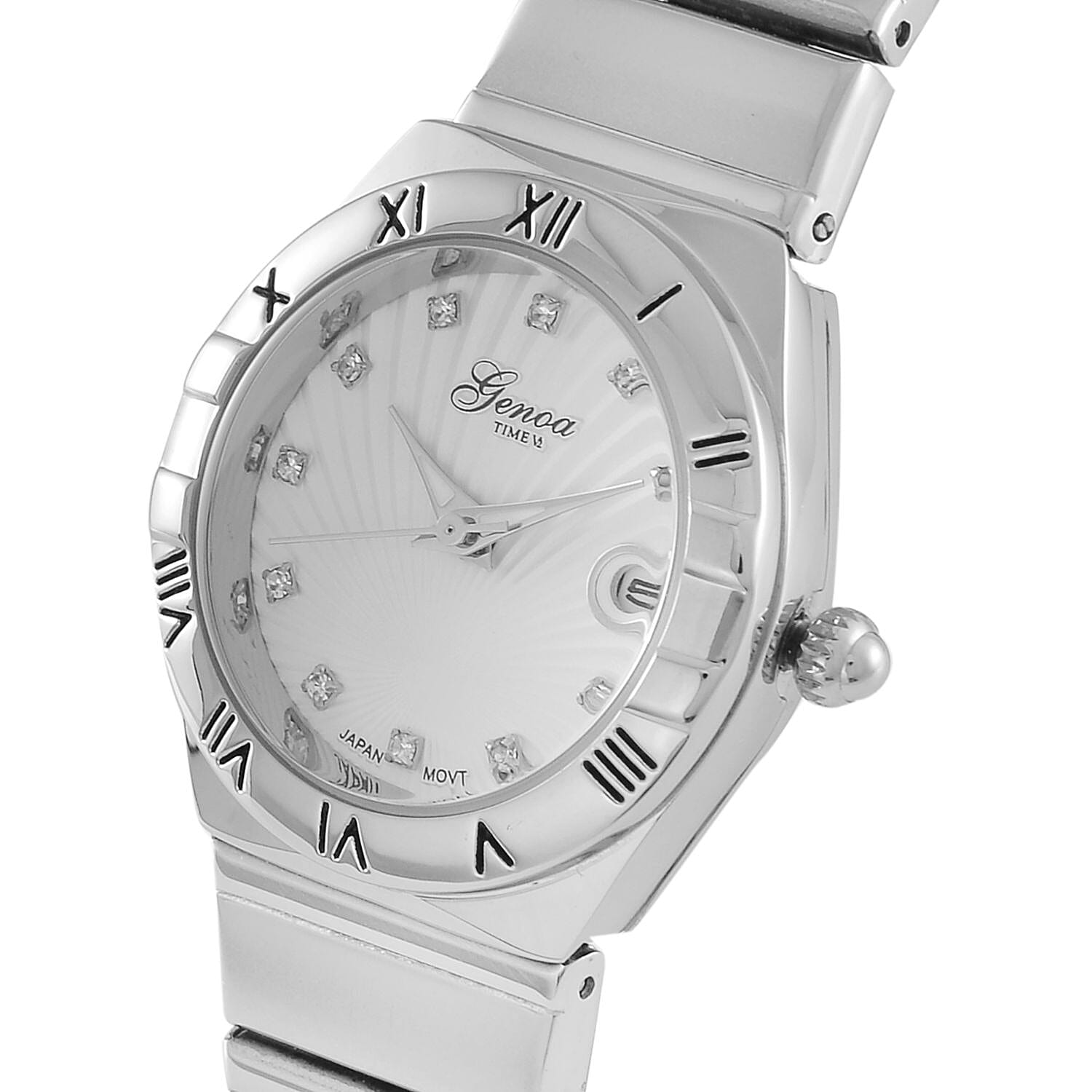 Designer Inspired- GENOA TIME V2 Japanese Movt. Crystal Studded White Dial Watch with Stainless Steel Chain Strap - Silver