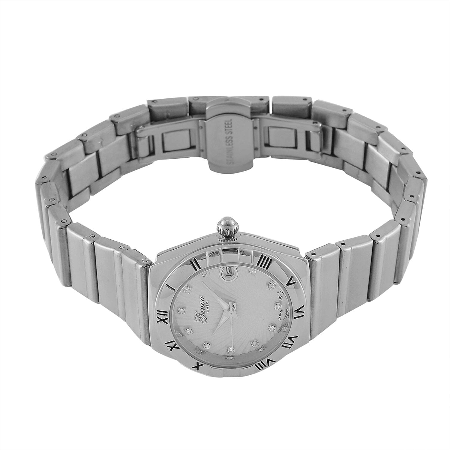 Designer Inspired- GENOA TIME V2 Japanese Movt. Crystal Studded White Dial Watch with Stainless Steel Chain Strap - Silver Designer Inspired- GENOA TIME V2 Japanese Movt. Crystal Studded White Dial Watch with Stainless Steel Chain Strap - Silver