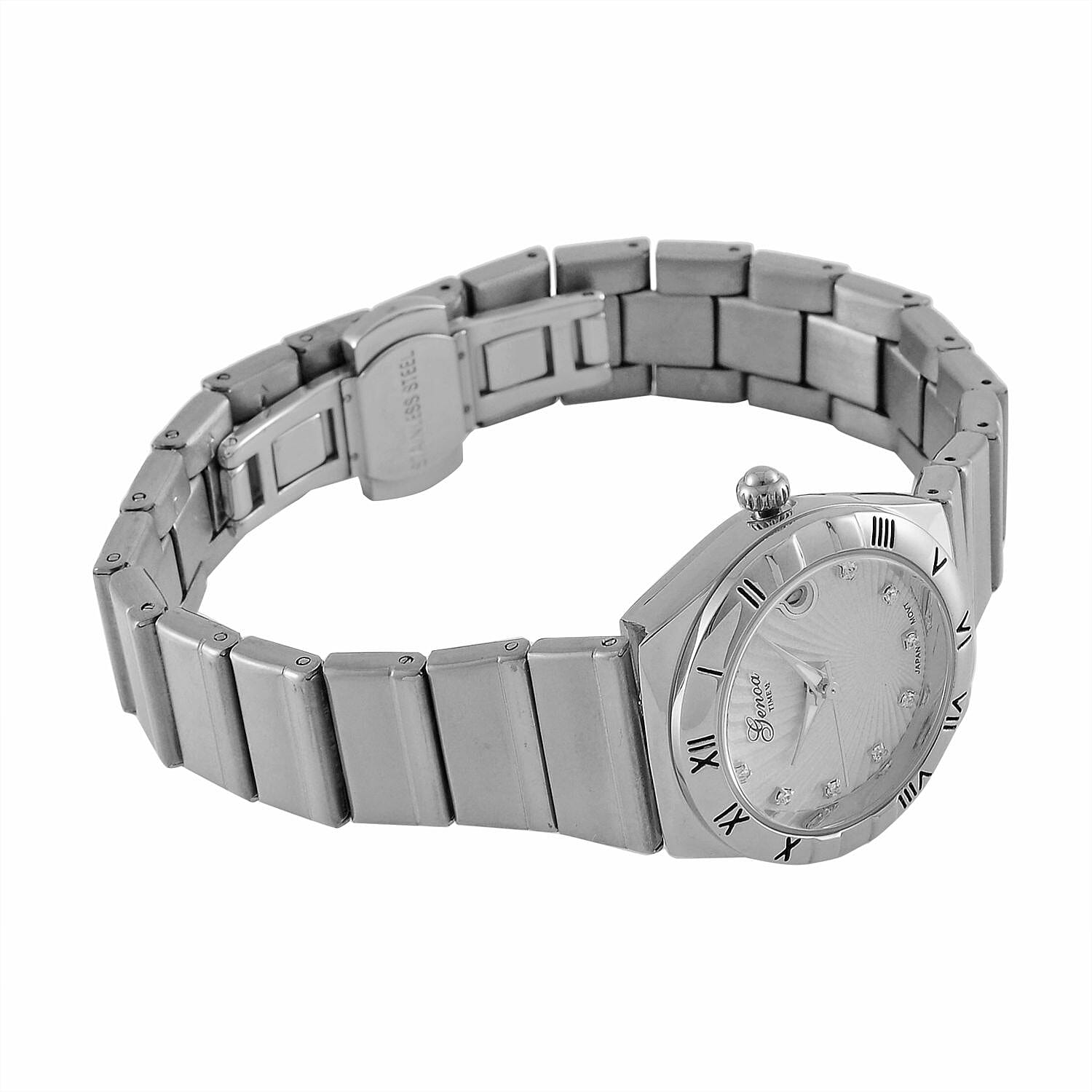 Designer Inspired- GENOA TIME V2 Japanese Movt. Crystal Studded White Dial Watch with Stainless Steel Chain Strap - Silver Designer Inspired- GENOA TIME V2 Japanese Movt. Crystal Studded White Dial Watch with Stainless Steel Chain Strap - Silver