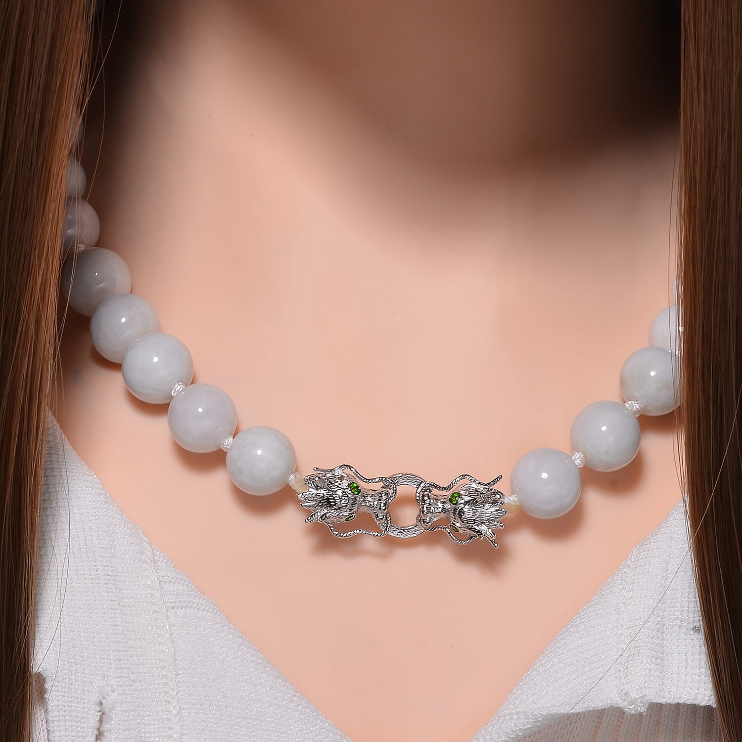 Rare 100% Natural Jadeite Jade, Chrome Diopside Necklace with Dragon Head Clasp (Size - 20) in Rhodium Overlay Sterling Silver 615.10 Ct