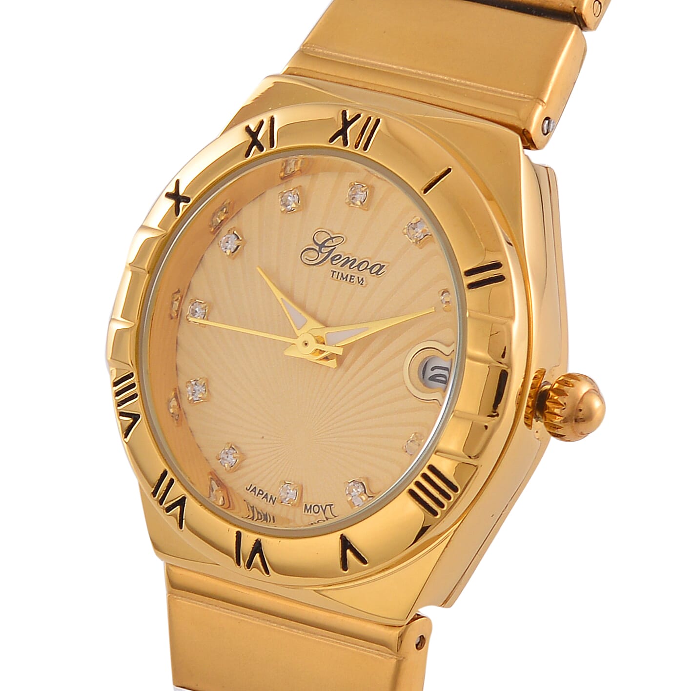 Designer Inspired - GENOA TIME V2 Japanese Movt. Crystal Studded Dial Watch with Stainless Steel Chain Strap  - Gold