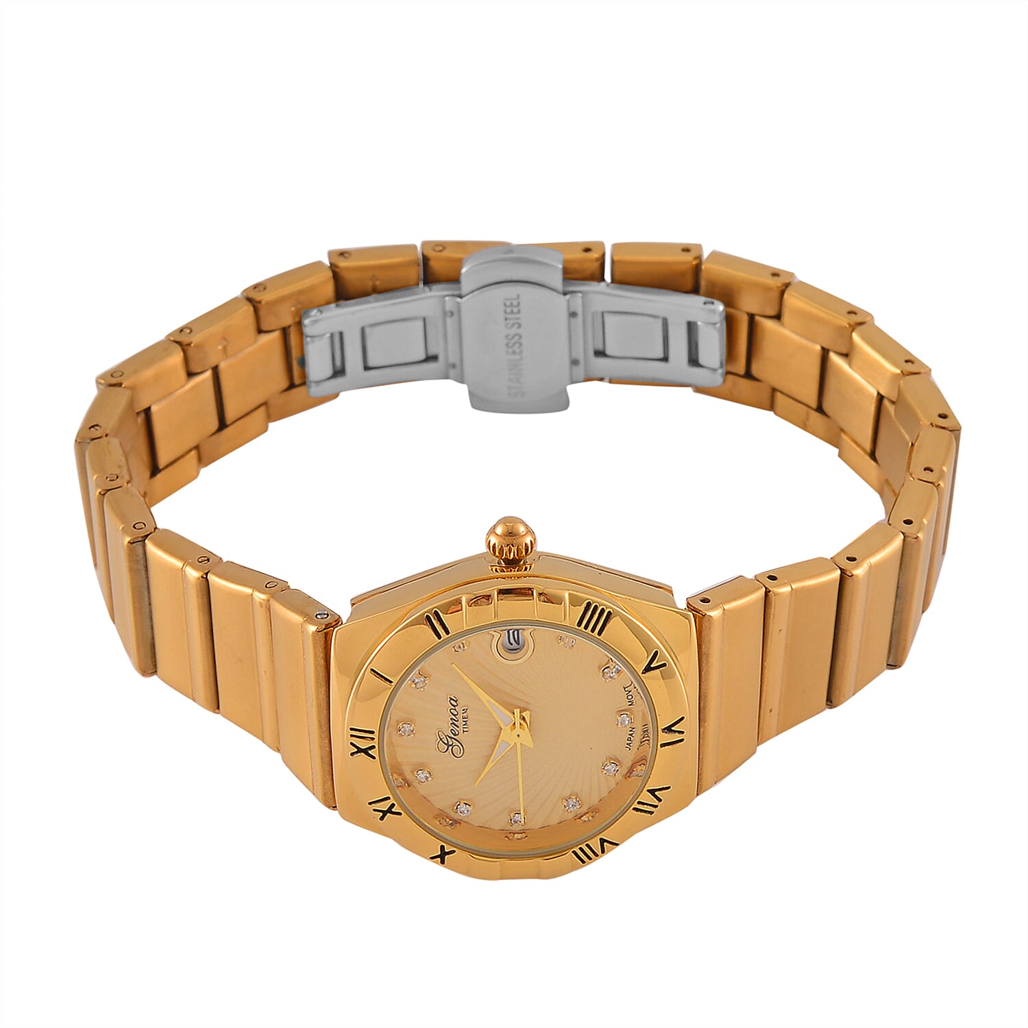 Designer Inspired - GENOA TIME V2 Japanese Movt. Crystal Studded Dial Watch with Stainless Steel Chain Strap  - Gold