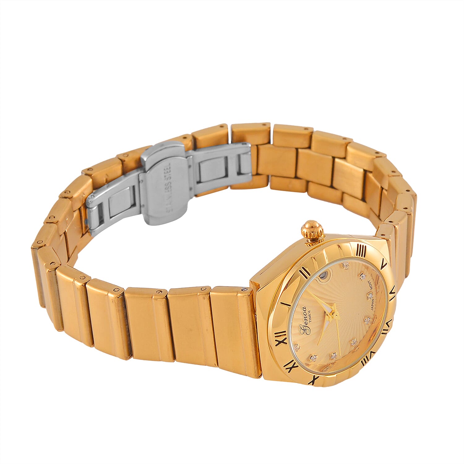 Designer Inspired - GENOA TIME V2 Japanese Movt. Crystal Studded Dial Watch with Stainless Steel Chain Strap  - Gold