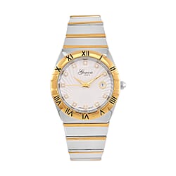 Designer Inspired - GENOA TIME V2 Japanese Movt. Crystal Studded White Dial Watch with Stainless Steel Chain Strap - Silver