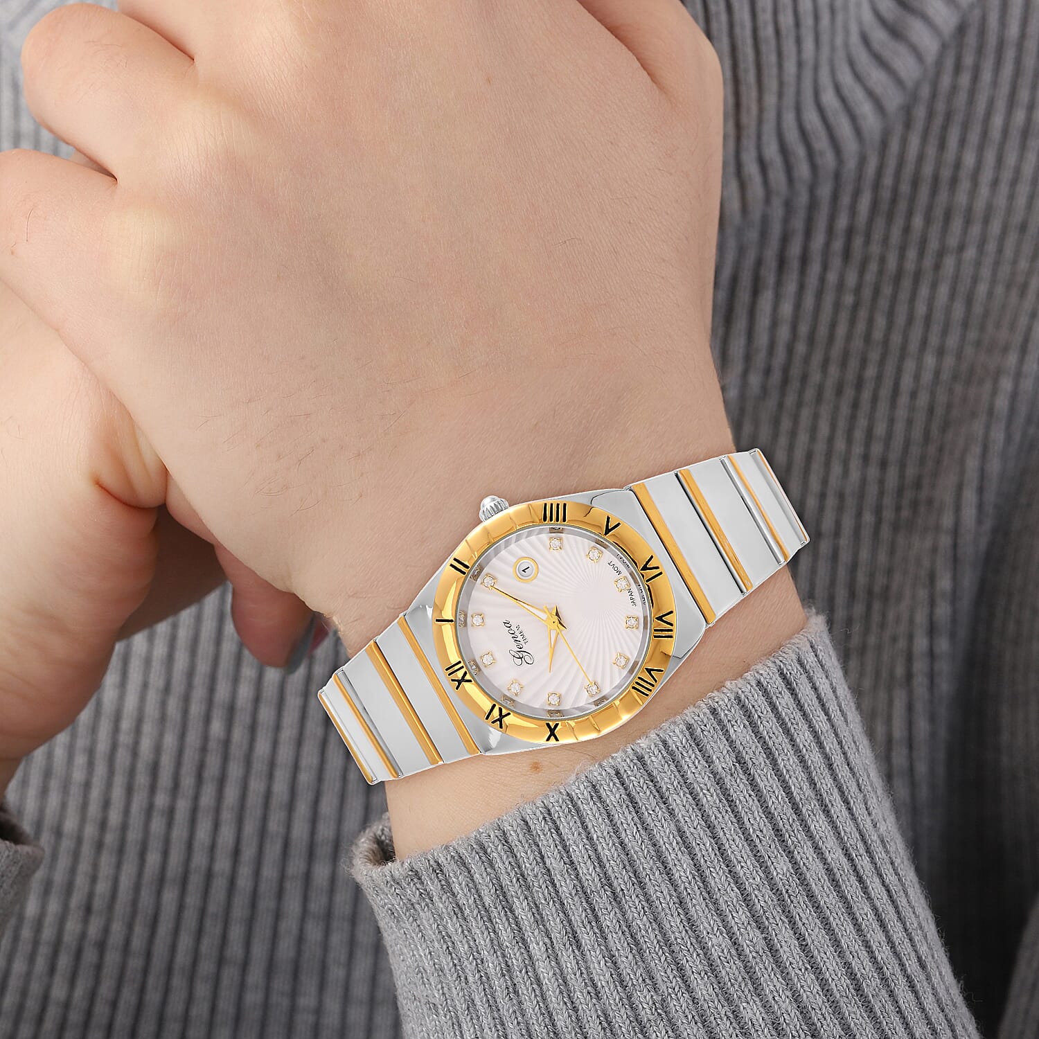 GENOA TIME V2 Japanese Movt. Crystal Studded Watch with Stainless Steel Chain Strap