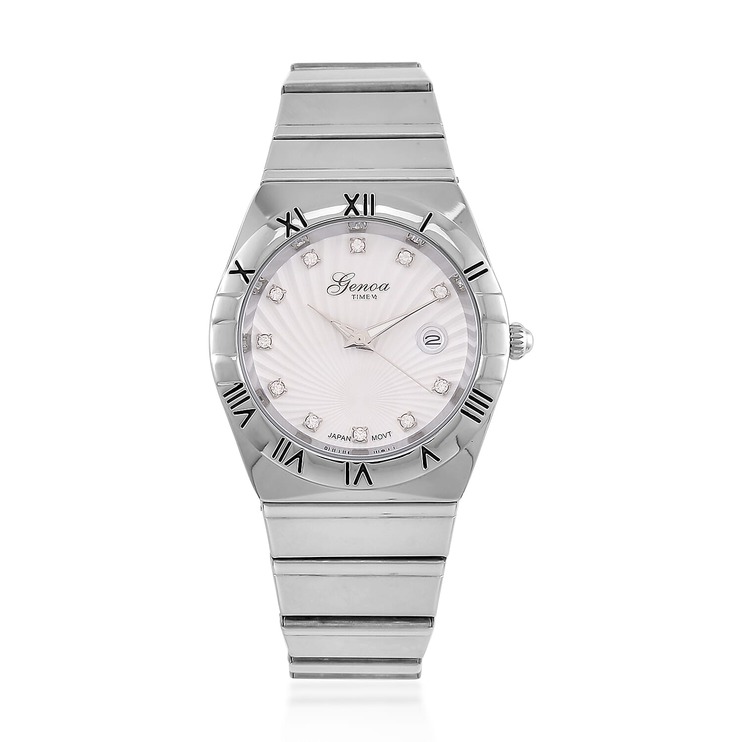 Designer Inspired - GENOA TIME V2 Japanese Movt. Crystal Studded White Dial Watch with Stainless Steel Chain Strap - Silver