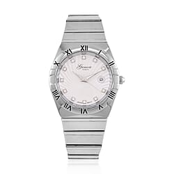 Designer Inspired - GENOA TIME V2 Japanese Movt. Crystal Studded White Dial Watch with Stainless Steel Chain Strap - Silver