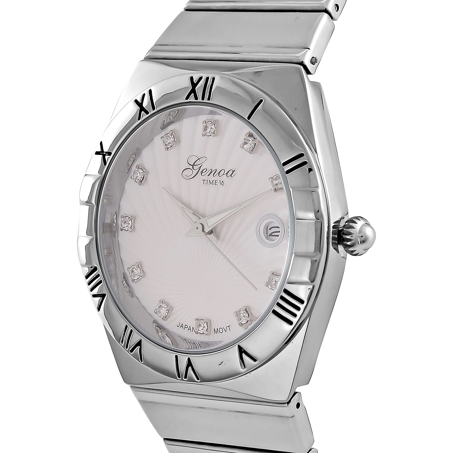 Designer Inspired - GENOA TIME V2 Japanese Movt. Crystal Studded White Dial Watch with Stainless Steel Chain Strap - Silver