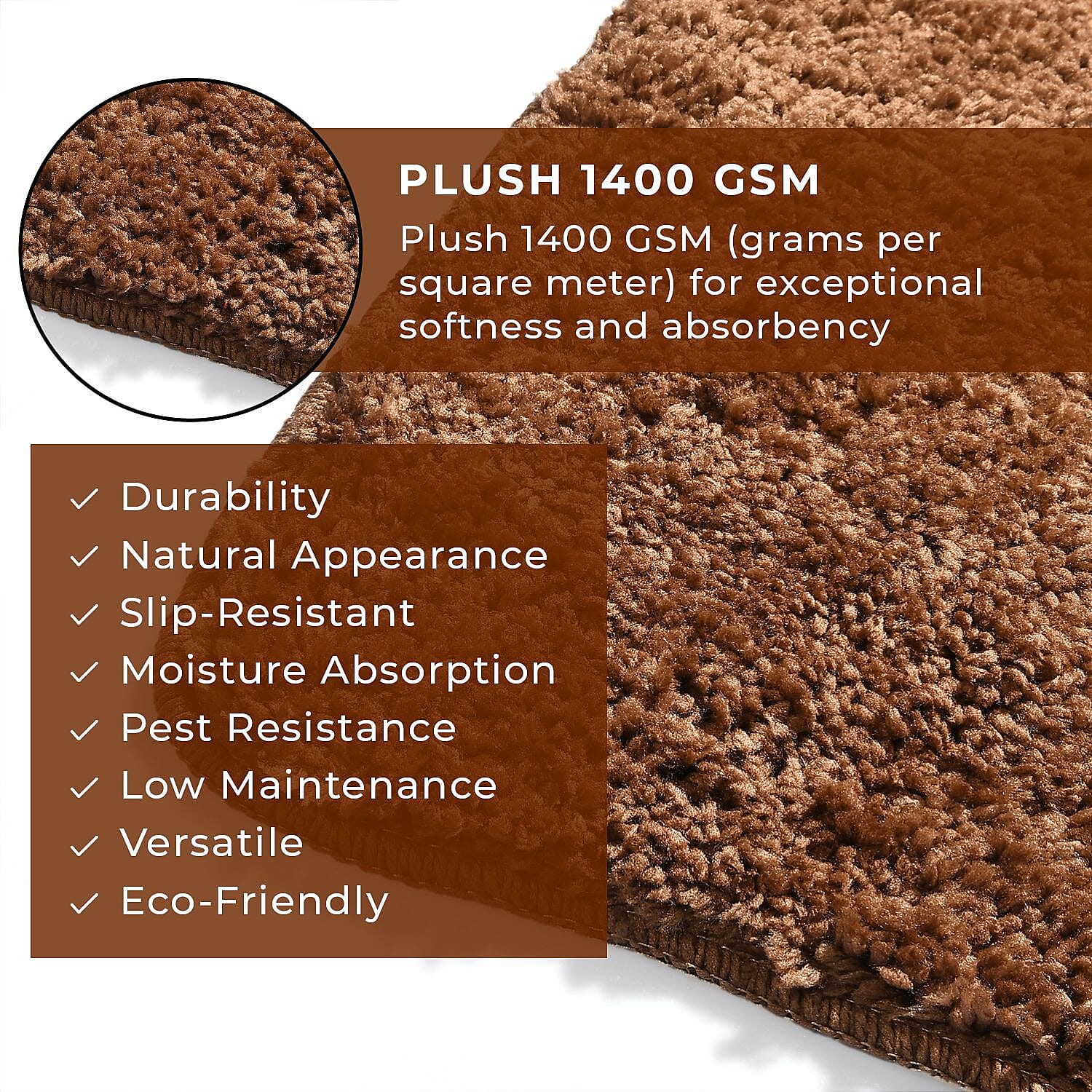 Set of 2 Luxury Microbath Mat with TPR Back - 1400 GSM  (Size 40x60 cm) - Brown