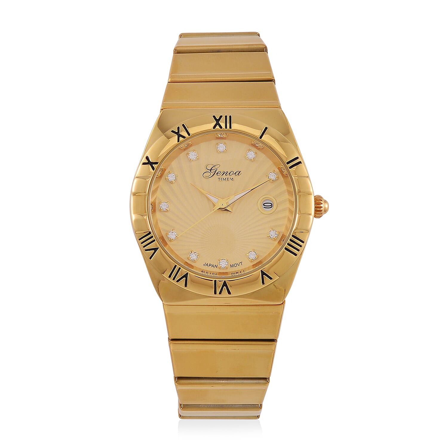 Designer Inspired - GENOA TIME V2 Japanese Movt. Crystal Studded Gold Dial Watch with Stainless Steel Chain Strap - Gold