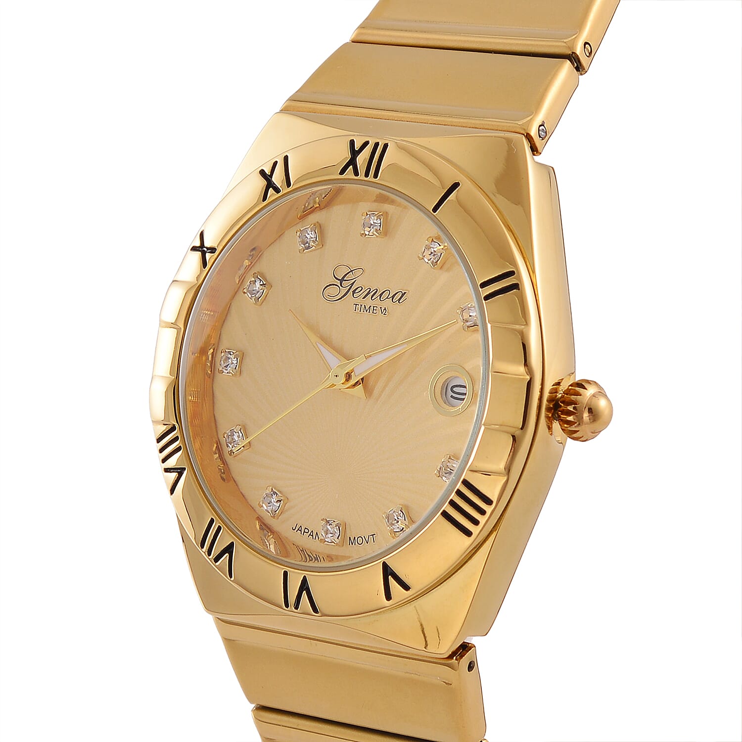 Designer Inspired - GENOA TIME V2 Japanese Movt. Crystal Studded Gold Dial Watch with Stainless Steel Chain Strap - Gold