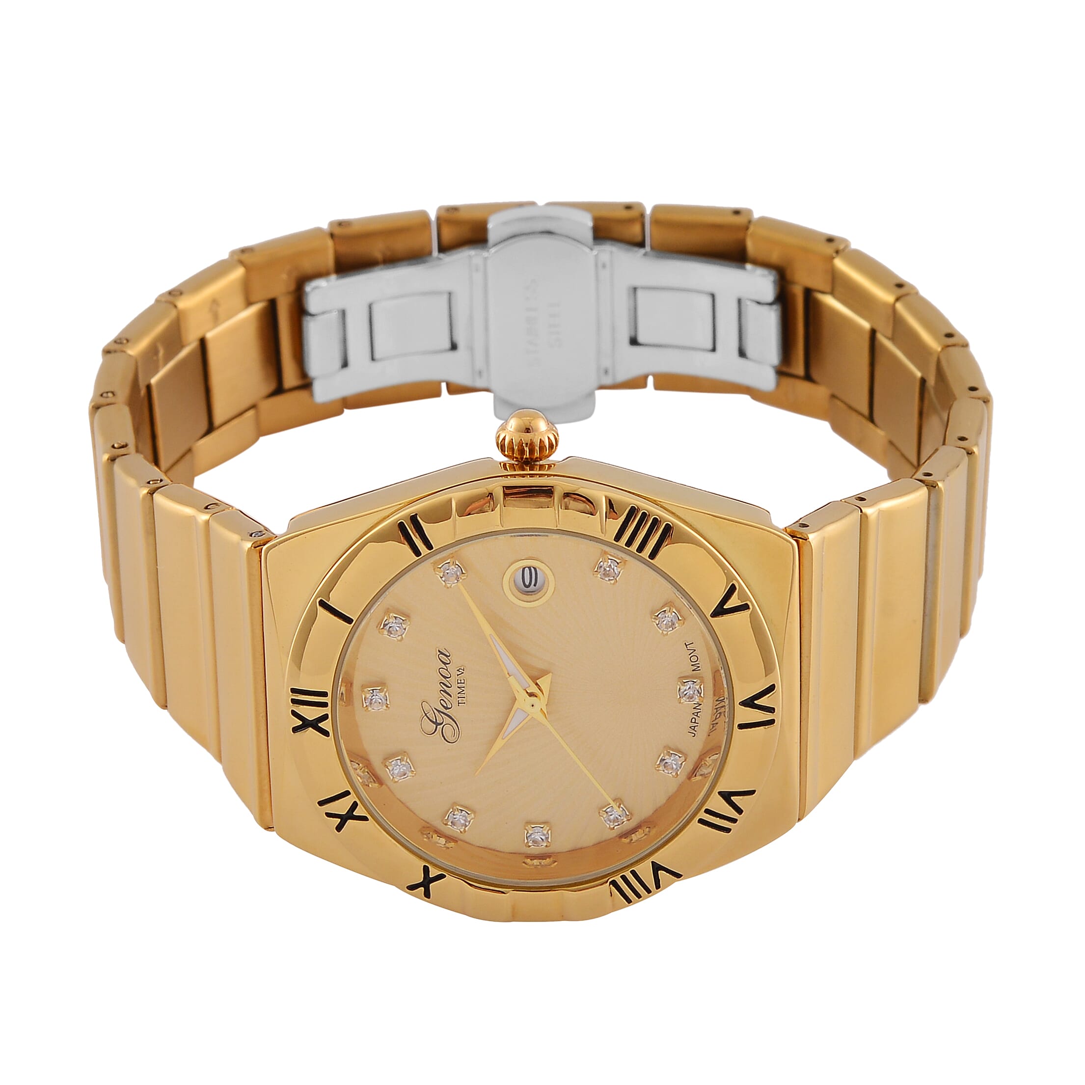 Designer Inspired - GENOA TIME V2 Japanese Movt. Crystal Studded Gold Dial Watch with Stainless Steel Chain Strap - Gold