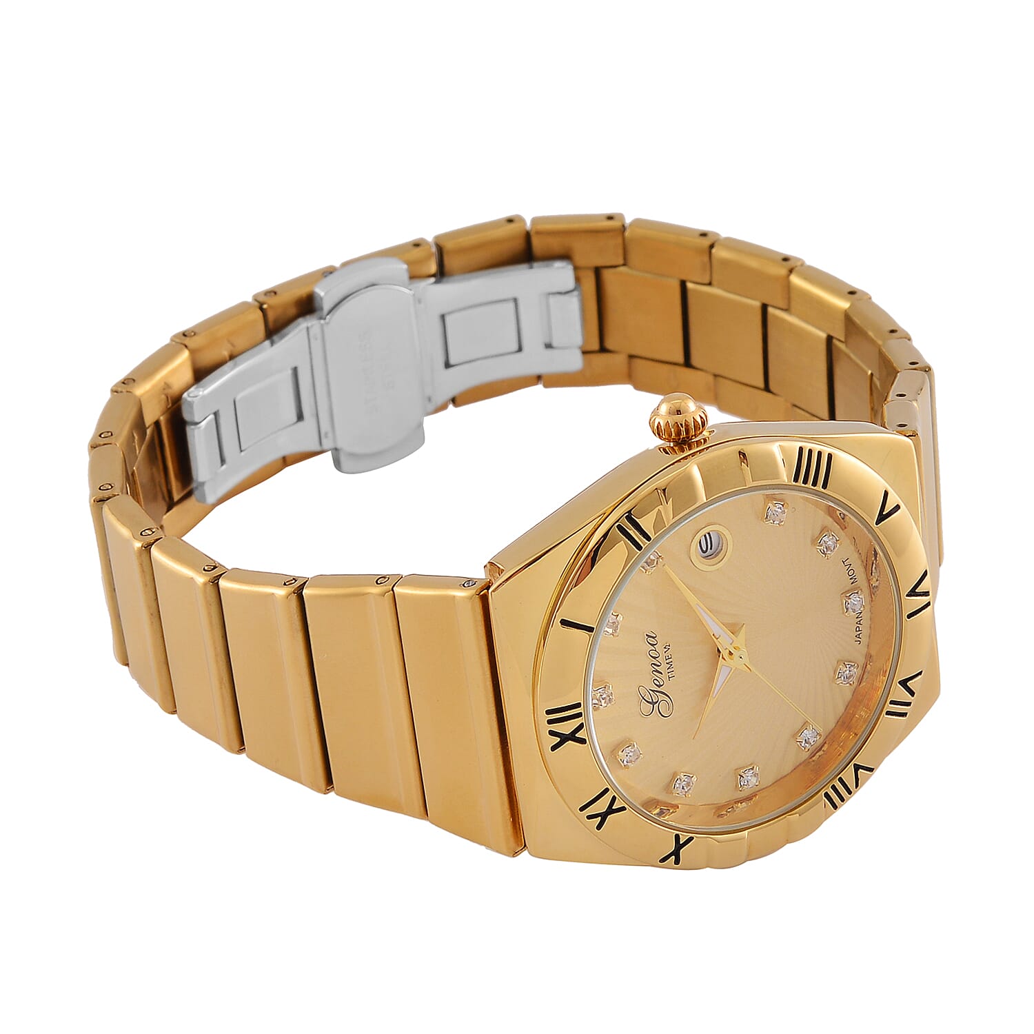 Designer Inspired - GENOA TIME V2 Japanese Movt. Crystal Studded Gold Dial Watch with Stainless Steel Chain Strap - Gold