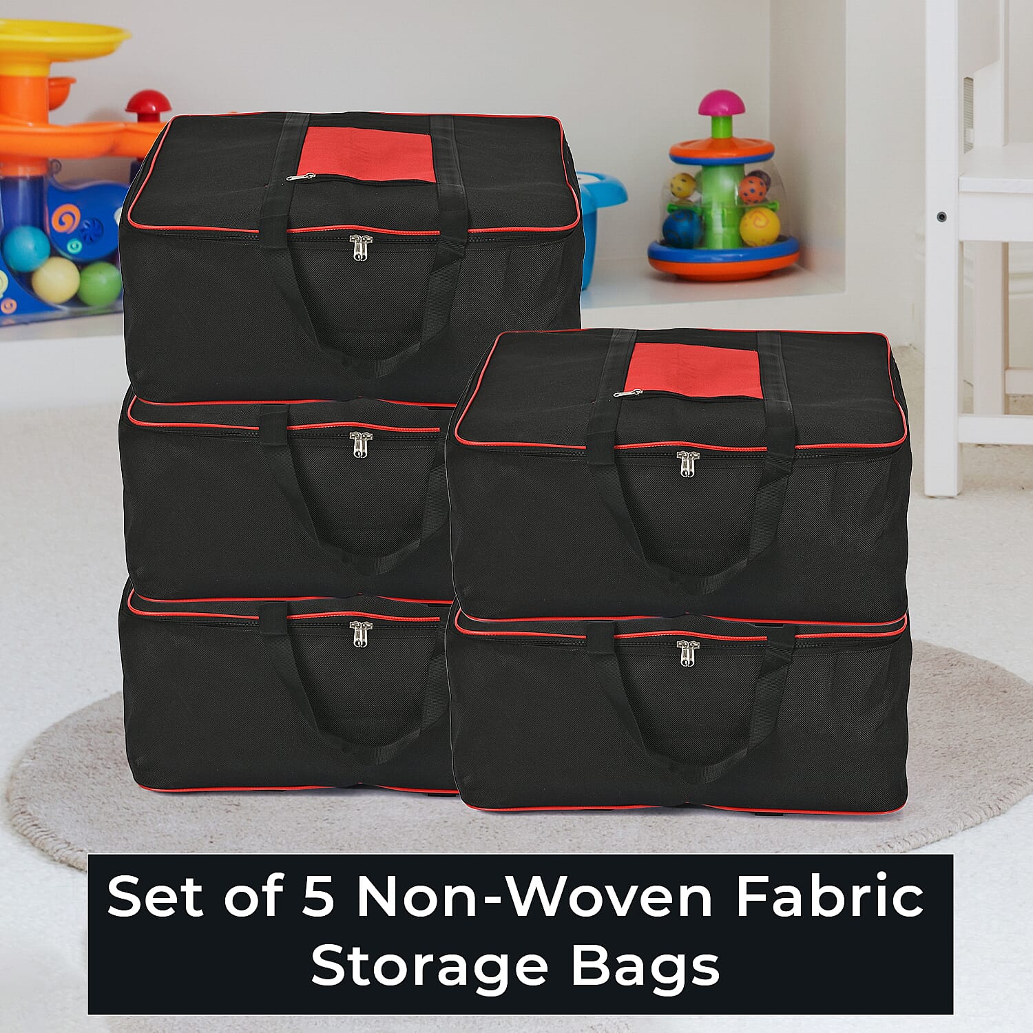 Set of 5 Non-Woven Fabric Storage Bag With Front Pocket - Black