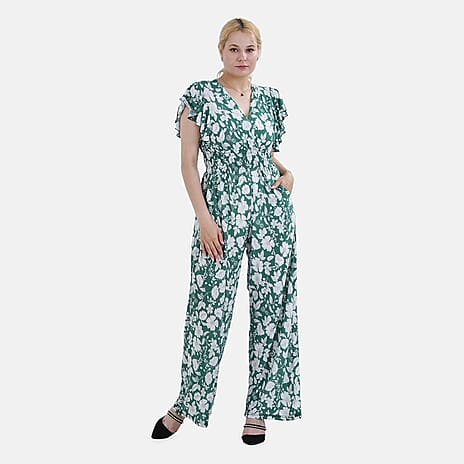 La Marey Flower Pattern Smocked Waist Stretch Jersey Jumpsuit (Size M) - Green