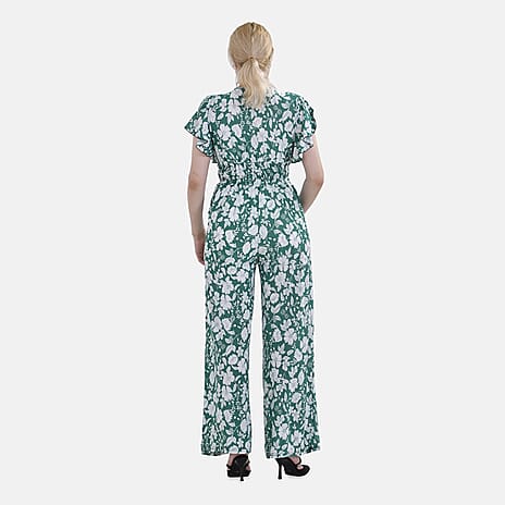La Marey Flower Pattern Smocked Waist Stretch Jersey Jumpsuit (Size M) - Green