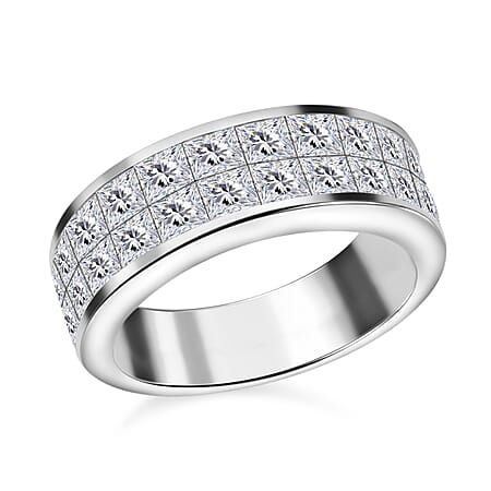 Moissanite Princess Cut Double Row Half Eternity Band RIng Rhodium Overlay Sterling Silver